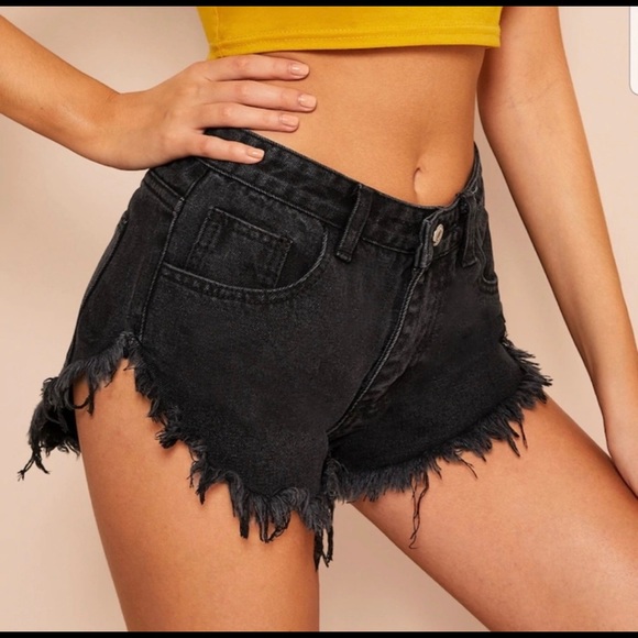 Curved Hem Black Denim Shorts - Picture 3 of 6